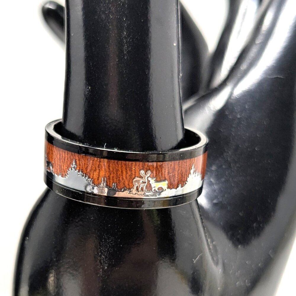 Mens Wood Inlay Ring Black Tungsten Carbide Sz 11 Deer Moose Forest Brown Rustic